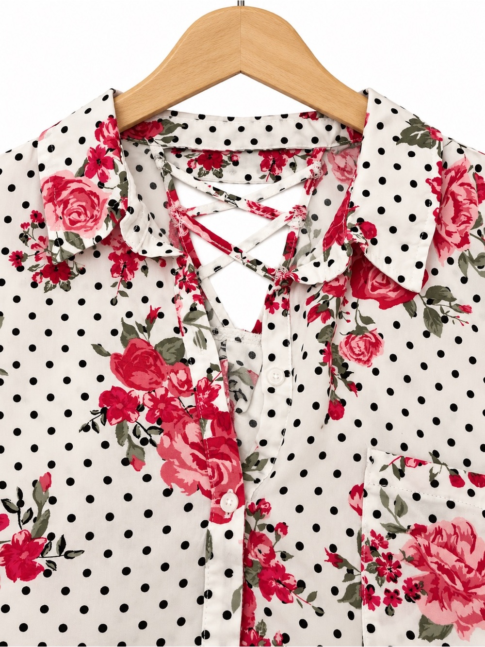 No Boundaries XXL Floral Polka Dot Tie-Front Button-Down Blouse